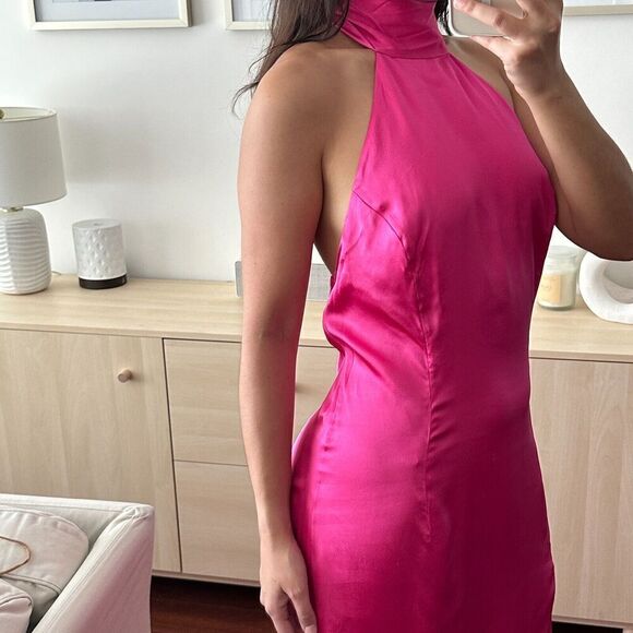 Marciano Guess 100% Silk Dress Womens 10 Maxi Gown Fuchsia Pink Halter Open Back - Picture 2 of 13